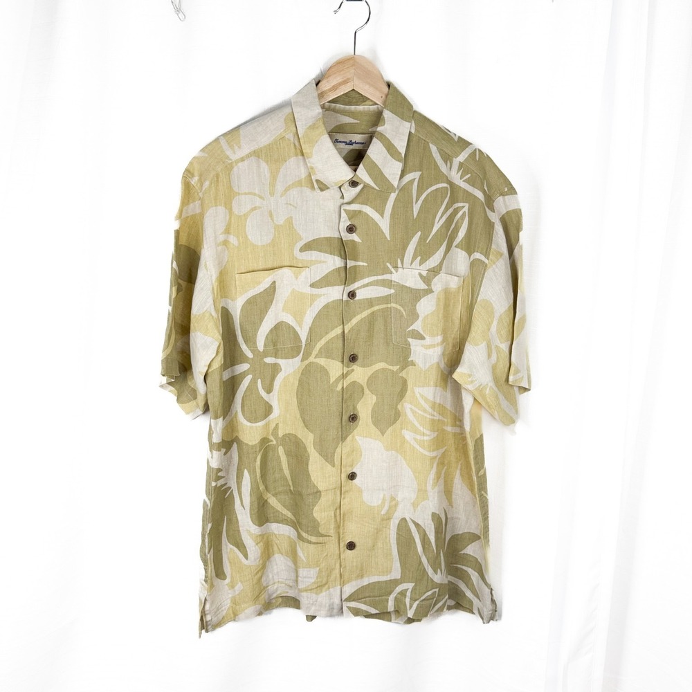 Tommy Bahama Mens Linen Camp Shirt L Sage Floral Hawaiian Button Up EUC